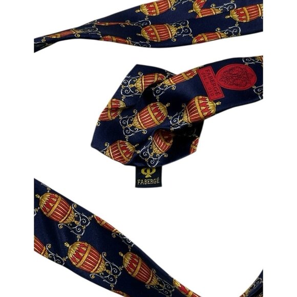 FABERGÉ Men's 100% Silk Necktie LUXURY Tie Blue Red Gold Art W:4.1" EUC - Picture 5 of 6